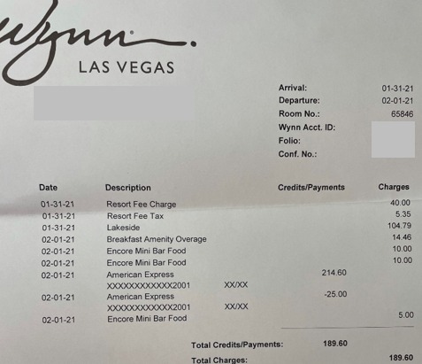 ラスベガスウィン　Las Vegas Wynn レビュー　Fine Hotels and Resorts Wynn領収書